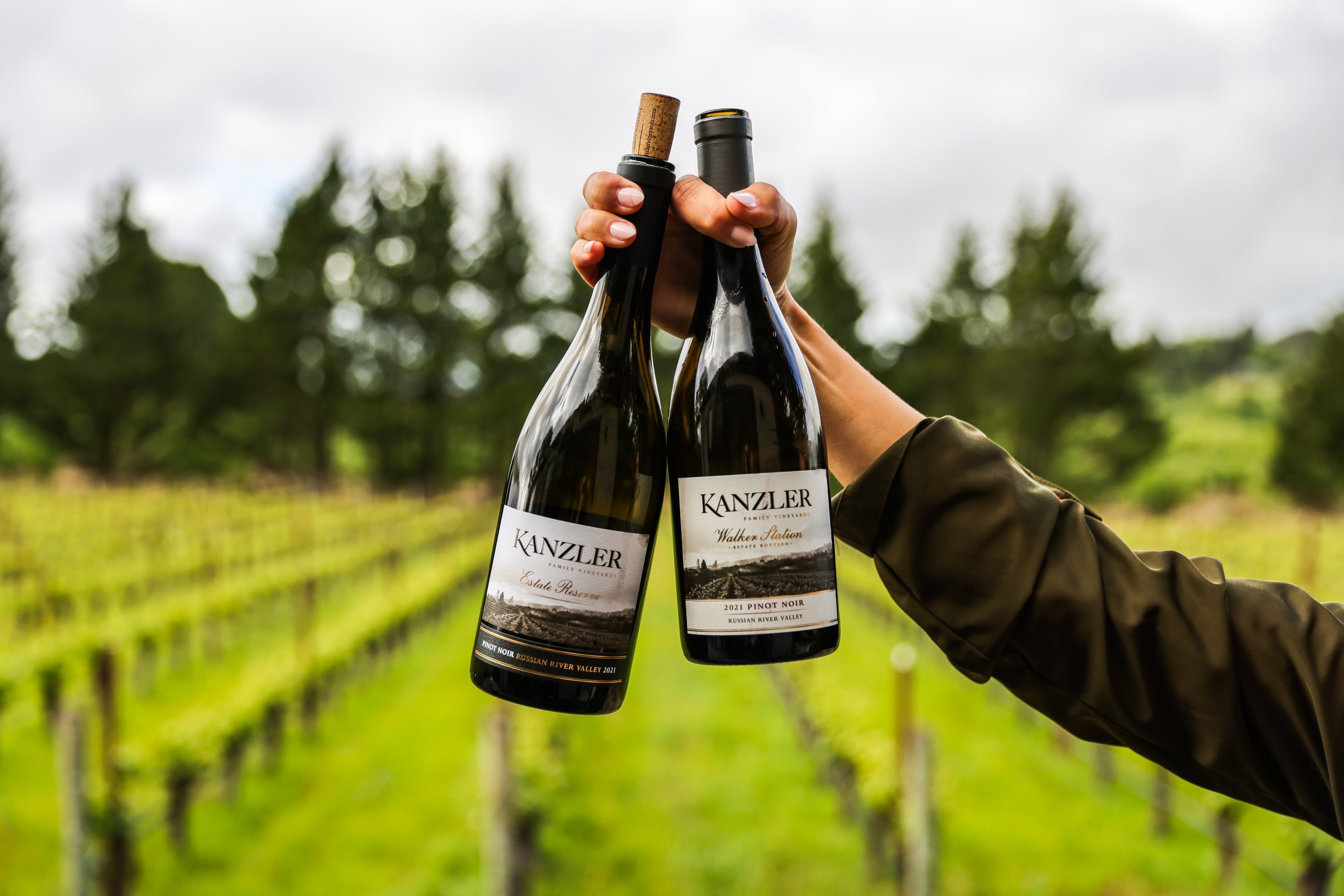 Two bottles of Kanzler Vineyards Pinot Noir being held with the background of vineyards